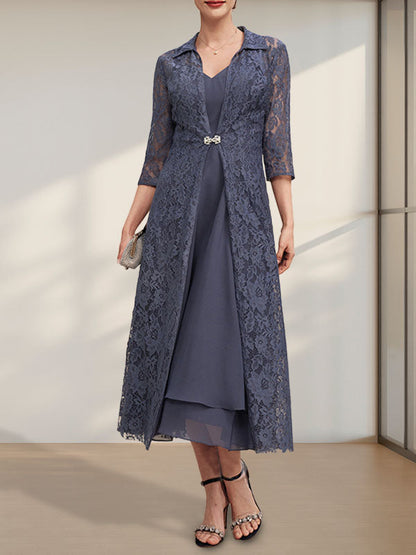 A-Linie V-Ausschnitt Wadenlanges Chiffonkleid für die Brautmutter