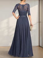 Vestido de gasa de encaje con escote en A y ilusión hasta el suelo para madre de la novia con lentejuelas plisadas
