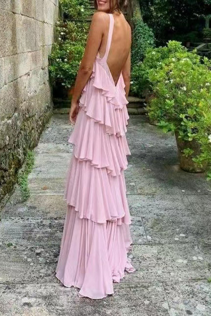 Elegante vestido de fiesta de gasa con cuello halter y espalda descubierta en capas Y1232