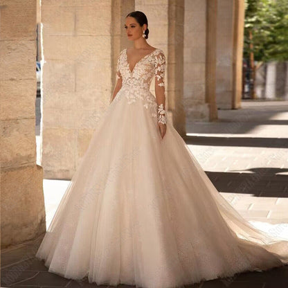 Exquisite Wedding Dresses Long Sleeves Sexy Backless Bride Gowns Applique Princess Tulle A-Line vestidos de novia-payinti