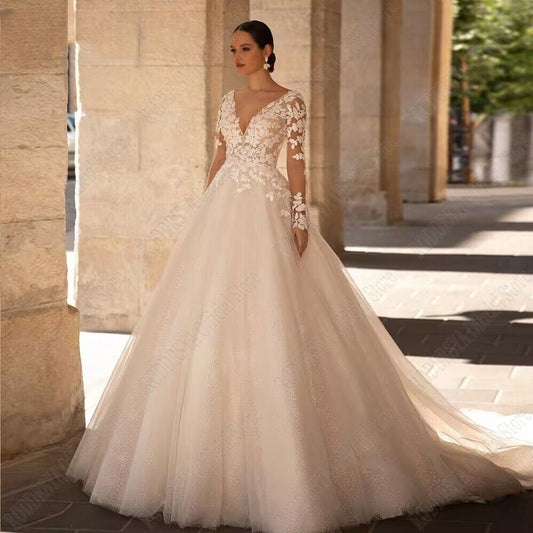 Exquisite Wedding Dresses Long Sleeves Sexy Backless Bride Gowns Applique Princess Tulle A-Line vestidos de novia-payinti