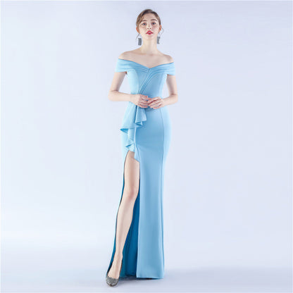 Classic Satin Off Shoulder Long Evening Dress – Elegant & Timeless