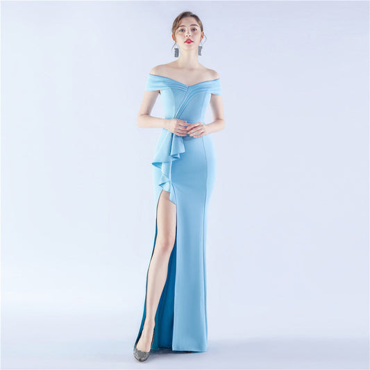 Classic Satin Off Shoulder Long Evening Dress – Elegant & Timeless