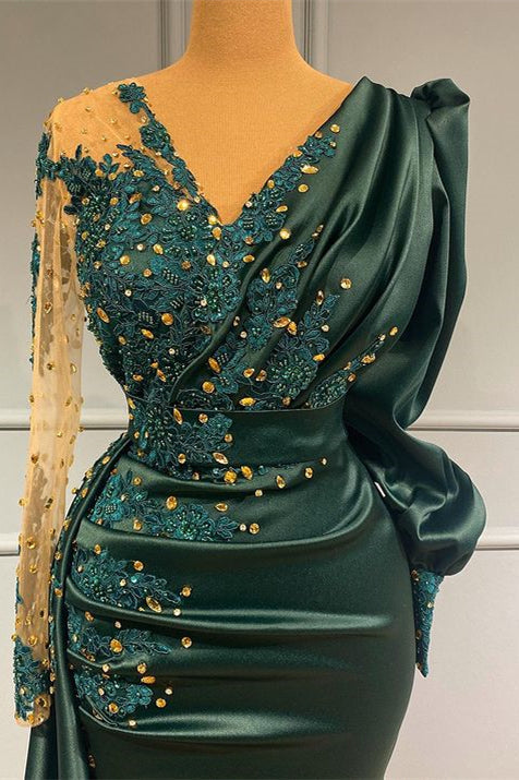 Vestido de noche de sirena con escote en V, mangas largas y satén con cuentas, color verde oscuro