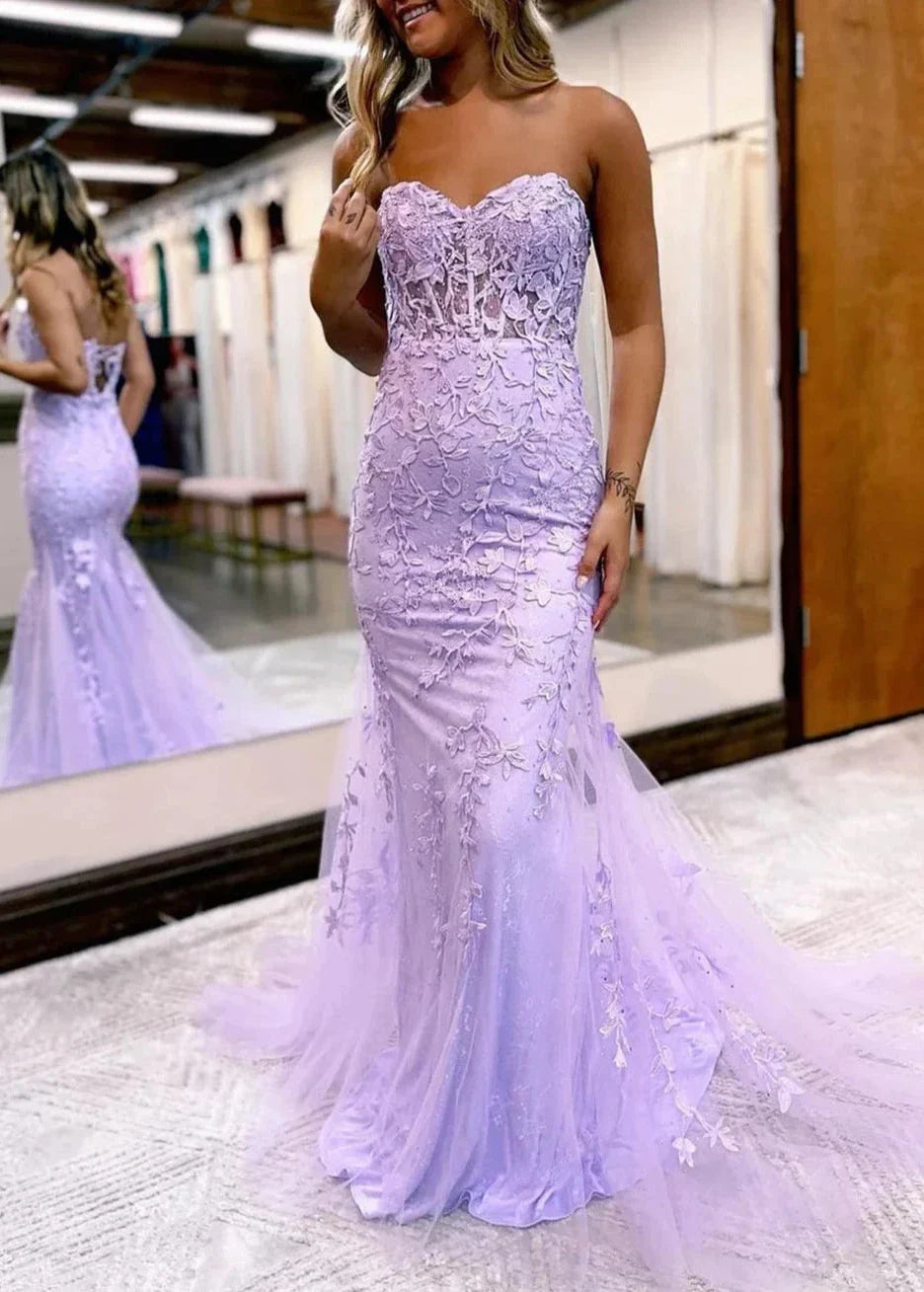 Vestido de fiesta largo de encaje con escote corazón y sirena rosa con apliques