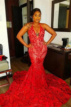 Vestido de fiesta de sirena con cuello en V profundo y espalda abierta, sexy, de encaje