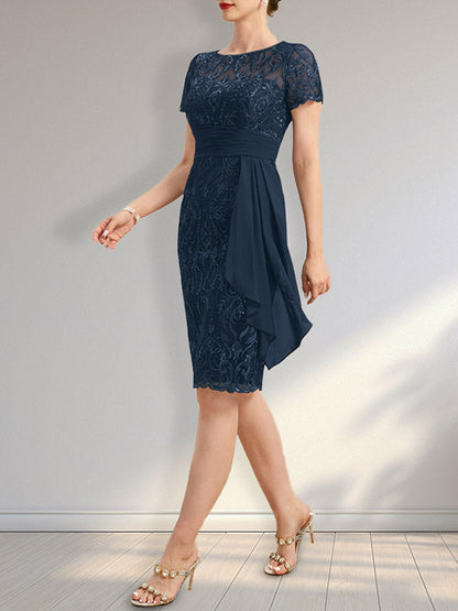 Vestido de madre de la novia de gasa con encaje, escote redondo, ilusión, largo hasta la rodilla, con volantes en cascada y lentejuelas