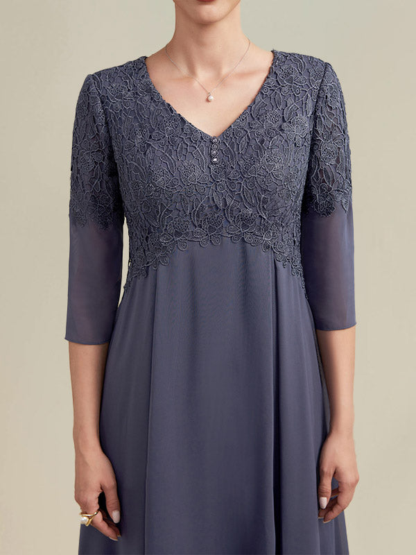 Vestido de gasa con encaje y escote en V, largo hasta la rodilla, para madre de la novia con cuentas