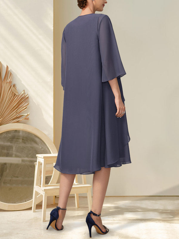 Vestido de gasa para madre de la novia con escote en A y escote redondo hasta la rodilla con cuentas