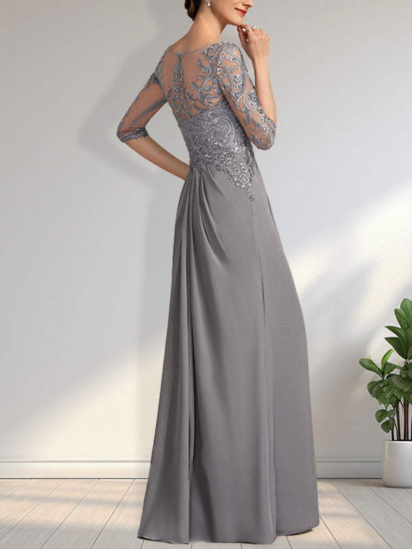 Vestido de gasa para madre de la novia con encaje, corte A, escote redondo, ilusión, largo hasta el suelo, con lentejuelas y abalorios y volantes en cascada