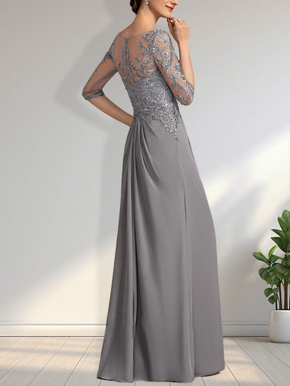 Vestido de gasa para madre de la novia con encaje, corte A, escote redondo, ilusión, largo hasta el suelo, con lentejuelas y abalorios y volantes en cascada
