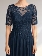 Vestido de madre de la novia de gasa asimétrica con encaje, ilusión, corte A y lentejuelas