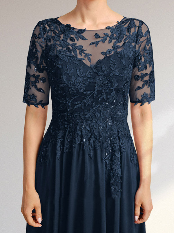 Vestido de madre de la novia de gasa asimétrica con encaje, ilusión, corte A y lentejuelas