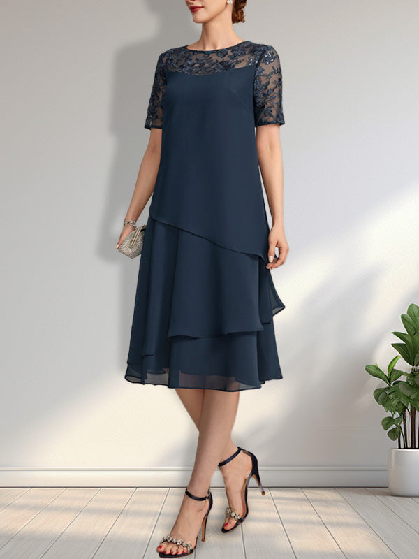 Vestido de gasa con encaje y lentejuelas para madre de la novia, corte A, escote ilusión, largo hasta la rodilla