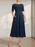 Vestido de gasa para madre de la novia, corte A, escote redondo, largo hasta la rodilla, con apliques de encaje y lentejuelas