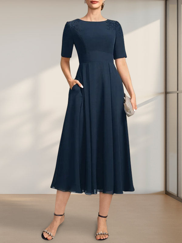 Vestido de gasa para madre de la novia, corte A, escote redondo, largo hasta la rodilla, con apliques de encaje y lentejuelas