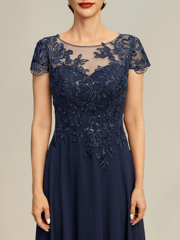 A-Linie Illusion Scoop Tee-Länge Spitze Chiffon Mutter der Braut Kleid mit Pailletten