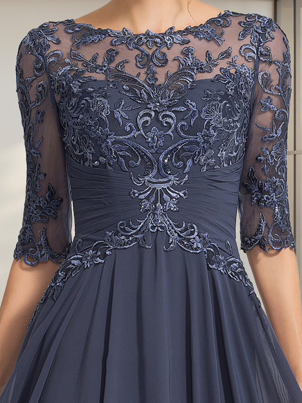 Vestido de gasa de encaje con escote en A y ilusión hasta el suelo para madre de la novia con lentejuelas plisadas