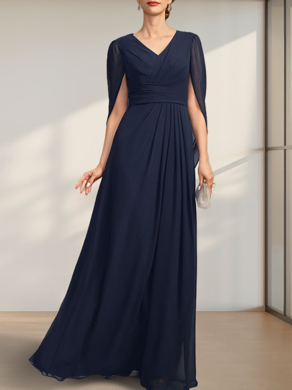 Vestido de gasa para madre de la novia con escote en V, largo hasta el suelo, con pliegues