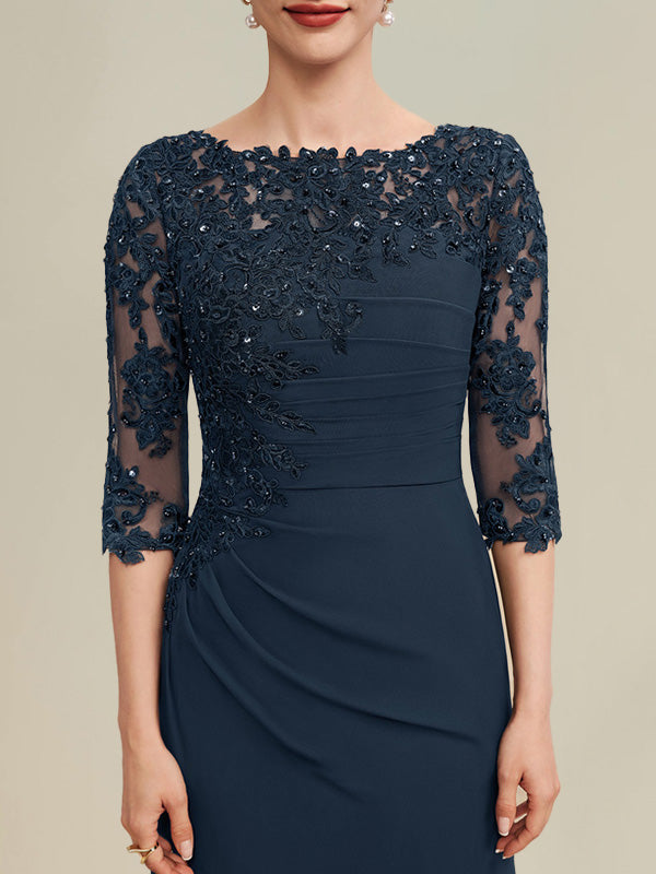 A-Linie, U-Ausschnitt, bodenlanges Chiffon-Spitzenkleid für die Brautmutter mit Perlenbesatz, plissierten Pailletten