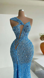 Vestido de noche con lentejuelas de sirena azul de celebridades Y31