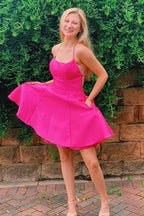 Prinzessin A-Linie Hot Pink Träger Kurze Homecoming Kleider mit Taschen Y34