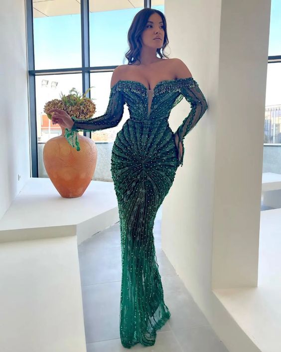 Elegante vestido de novia verde con cuentas de lujo para recepción Y28