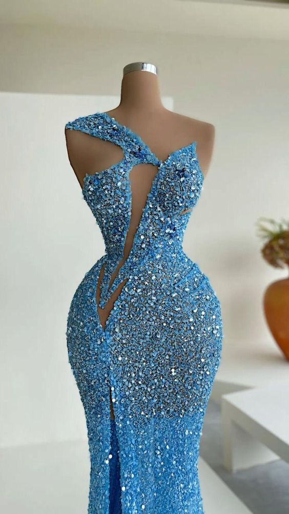 Vestido de noche con lentejuelas de sirena azul de celebridades Y31