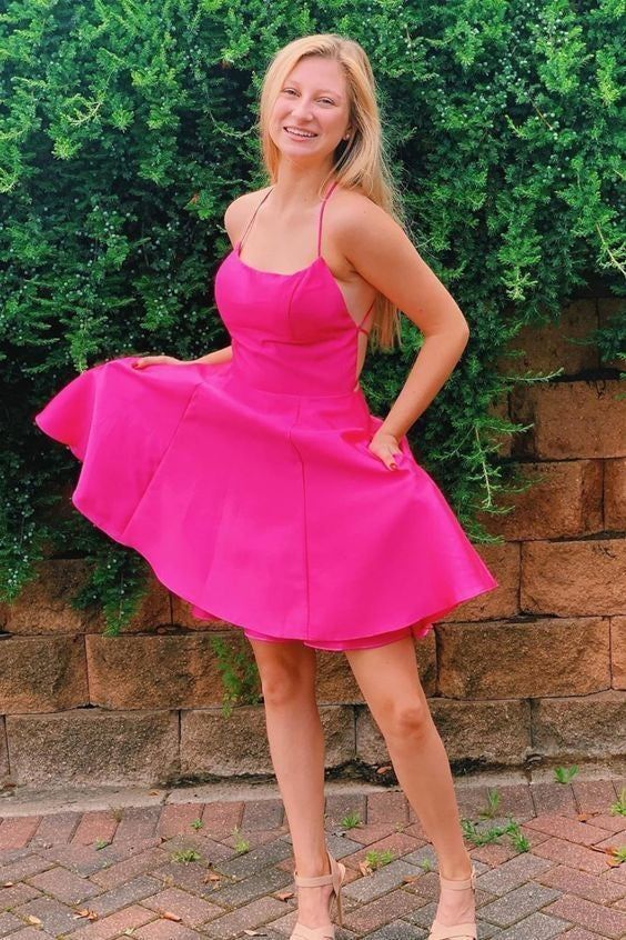 Prinzessin A-Linie Hot Pink Träger Kurze Homecoming Kleider mit Taschen Y34