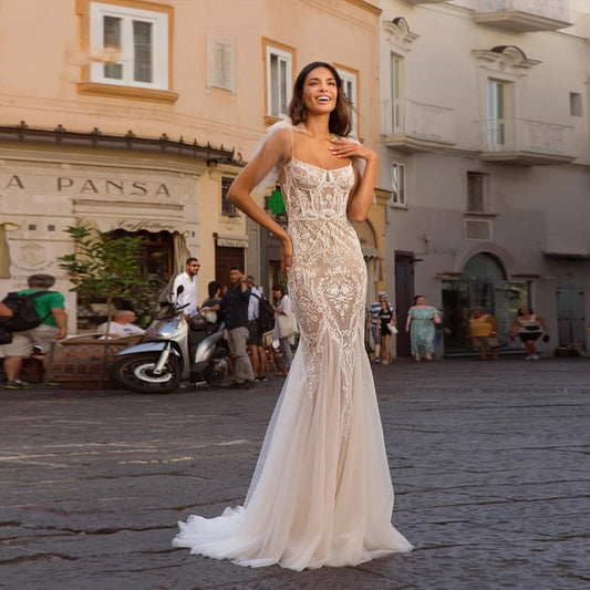 Elegant Scoop Neck Backless Mermaid Wedding Dress Simple Sleeveless Spaghetti Strap Bride Party Romantic Tulle Applique-payinti
