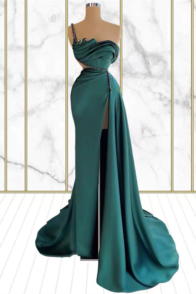 Vestido de fiesta de sirena con un solo hombro, escote en V y abertura en el bajo con cristales esmeralda