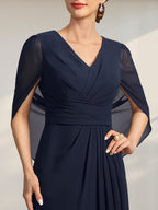 Vestido de gasa para madre de la novia con escote en V, largo hasta el suelo, con pliegues