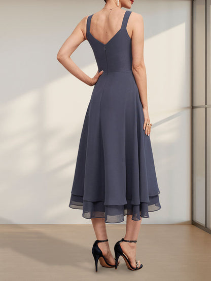 A-Linie V-Ausschnitt Wadenlanges Chiffonkleid für die Brautmutter