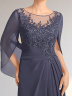 Vestido de gasa con encaje, ilusión, corte A, largo hasta el suelo, para madre de la novia con lentejuelas plisadas