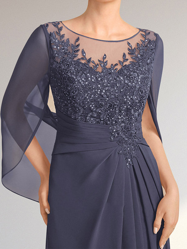 Vestido de gasa con encaje, ilusión, corte A, largo hasta el suelo, para madre de la novia con lentejuelas plisadas