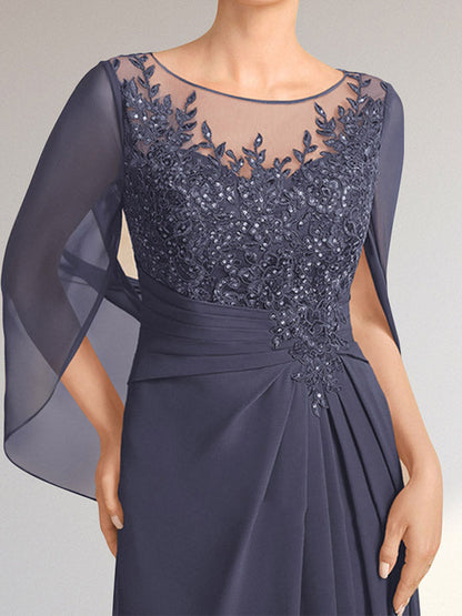 Vestido de gasa con encaje, ilusión, corte A, largo hasta el suelo, para madre de la novia con lentejuelas plisadas