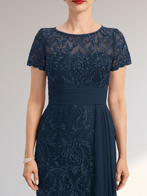 Vestido de madre de la novia de gasa con encaje, escote redondo, ilusión, largo hasta la rodilla, con volantes en cascada y lentejuelas
