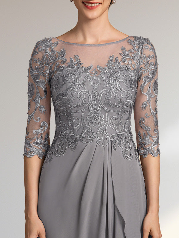 Vestido de gasa para madre de la novia con encaje, corte A, escote redondo, ilusión, largo hasta el suelo, con lentejuelas y abalorios y volantes en cascada