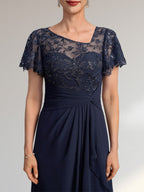 A-line Asymmetrical Illusion Floor-Length Lace Chiffon Mother of the Bride Dress With Cascading Ruffles Sequins