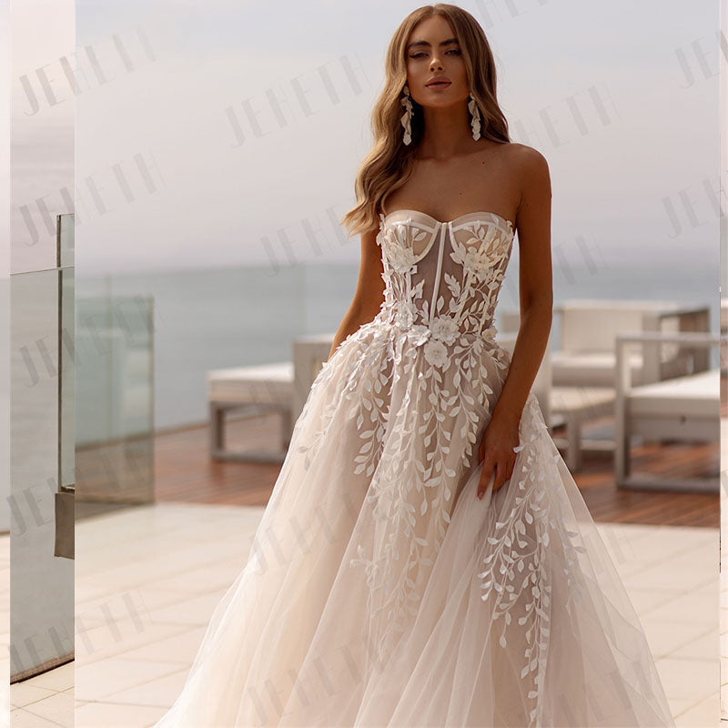 Fashion Strapless 3D Flower Lace Applique Wedding Dresses Sweep Train Custom Bridal Grown Vestido De Noival-payinti