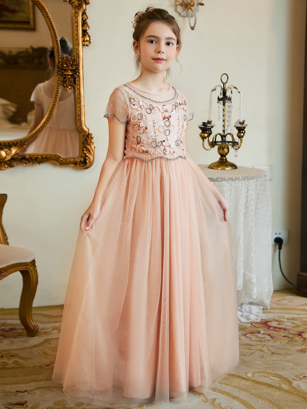 Vestido de niña de las flores rosa de gasa hasta el suelo con corte en A