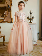 Vestido de niña de las flores rosa de gasa hasta el suelo con corte en A