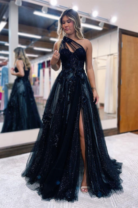 Vestido de fiesta negro largo de tul con corte en A, un hombro y abertura