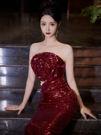 Vestido de fiesta burdeos sin tirantes con lentejuelas y rosas, vestido de noche largo estilo sirena Y8595