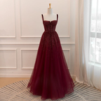 Gothic Burgund Spaghettiträger Pailletten Perlen Formales Ballkleid Tüll Party Abendkleid Y7586