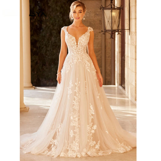 Elegant Wedding Dress For Women V-Neck Cap Sleeve Lace Appliques Vestido De Noiva With Button Sweep Train Custom Made-payinti