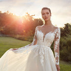Pastrol Wedding Dresses For Woman Long Sleeves Illusion Back Scoop Bride Gowns Applique A-Line Tulle vestidos de novia-payinti