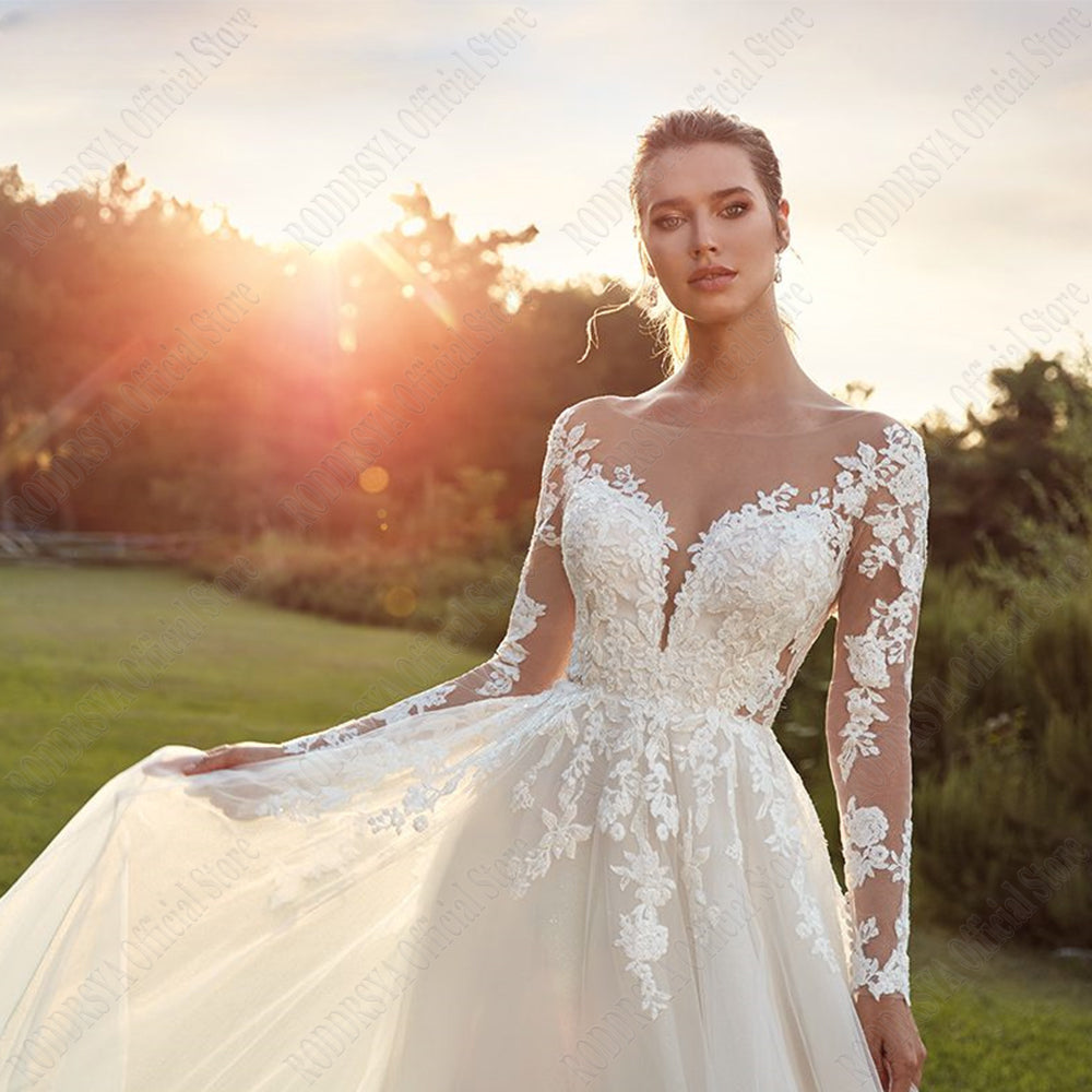 Pastrol Wedding Dresses For Woman Long Sleeves Illusion Back Scoop Bride Gowns Applique A-Line Tulle vestidos de novia-payinti