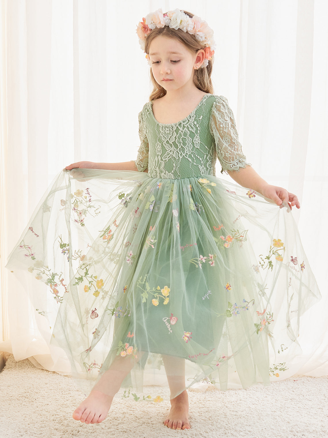 Salbeigrünes Blumenmädchenkleid aus Stoff mit U-Ausschnitt und Tüll (2003227581) 