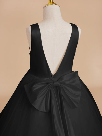Classic White A-line Sleeveless Satin and Tulle Flower Girl Dress